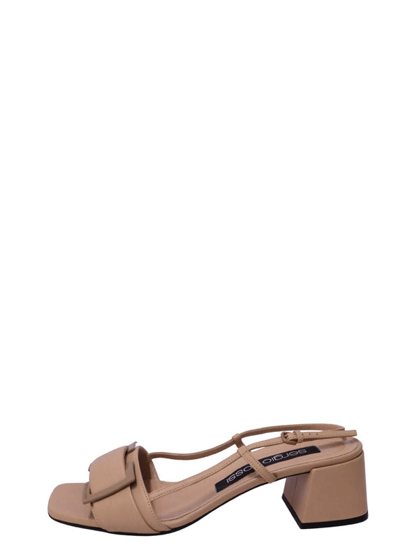Authentic Sergio Rossi beige leather block heel sandals featuring a square toe, signature buckle detail, adjustable ankle strap, and block heel