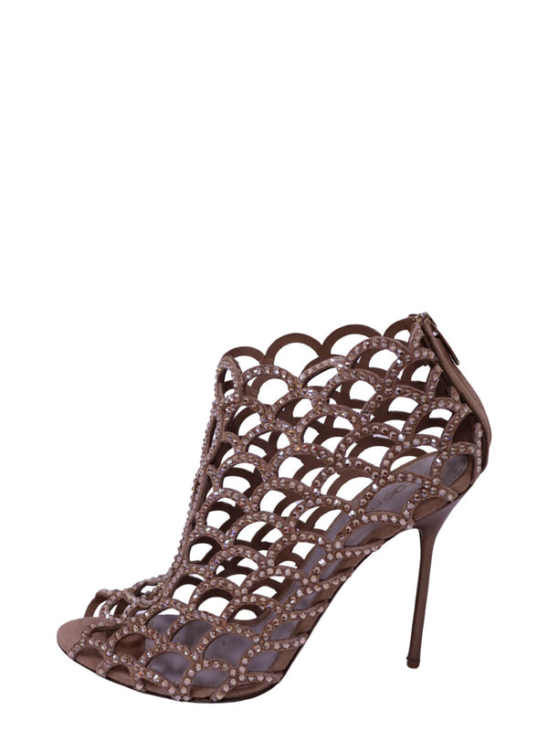 Sergio Rossi taupe brown crystal embellished cage open-toe stiletto heels