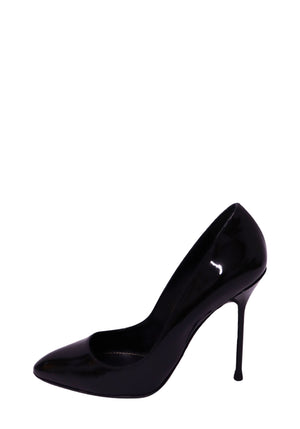 Sergio Rossi black patent leather pointed-toe pumps with glossy finish, elegant curved silhouette, and slim high stiletto heel