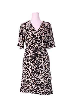 Single leopard print wrap dress with V-neckline, waist tie, and short sleeves in beige and black tones.
