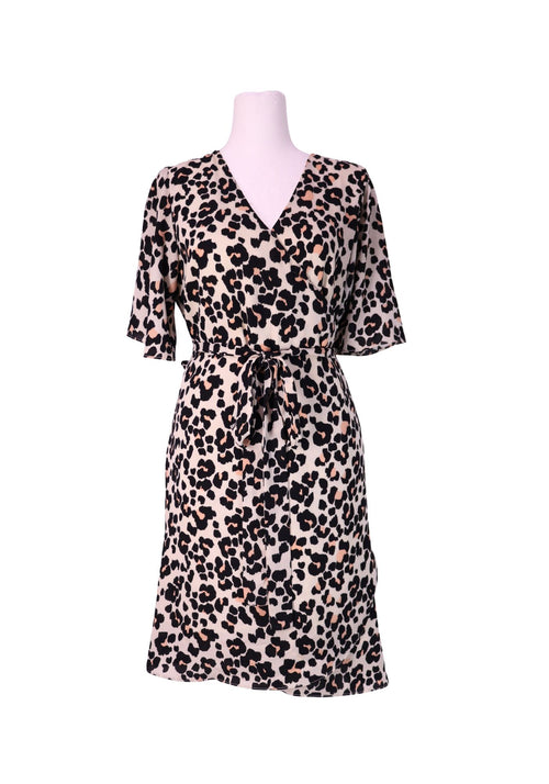 Single leopard print wrap dress with V-neckline, waist tie, and short sleeves in beige and black tones.