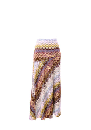Missoni multicolor knit maxi skirt featuring burgundy, pink, mustard yellow, cream and lavender zigzag chevron patterns, a high waistband, diagonal patterned panels and a flowing flared hem