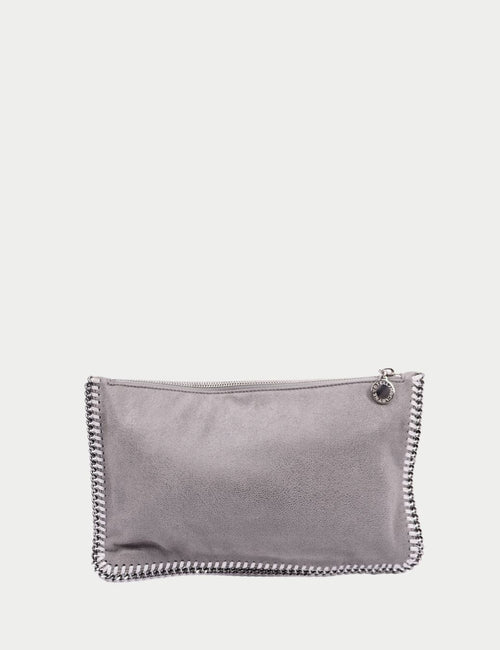 Stella McCartney Falabella grey vegan leather clutch with signature silver-tone chain trim