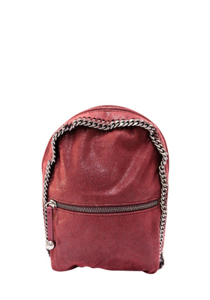 Stella McCartney Falabella burgundy mini backpack with silver-tone chain trim and front zip pocket