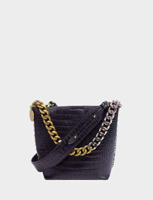 Stella McCartney black croc-embossed shoulder bag with chunky gold and silver chain strap