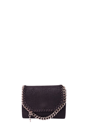 Stella McCartney black Falabella wallet with silver-tone chain trim and flap closure