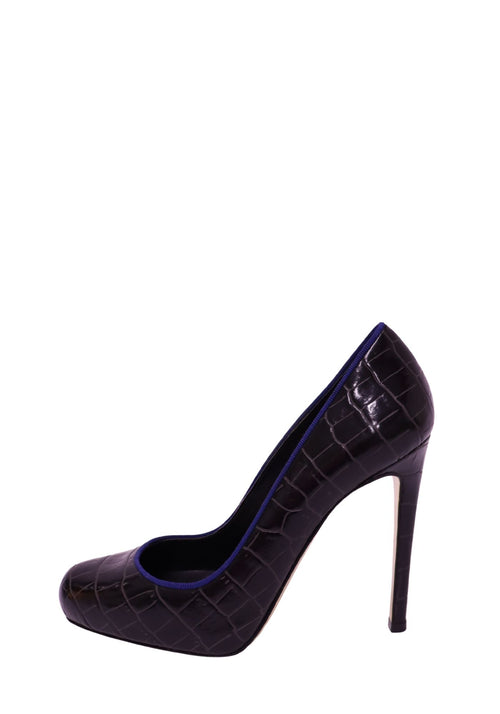 Stella McCartney dark brown croc-embossed platform pumps with blue trim and stiletto heel