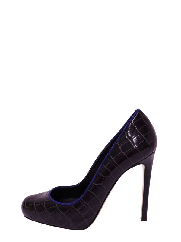 Stella McCartney dark brown croc-embossed platform pumps with blue trim and stiletto heel