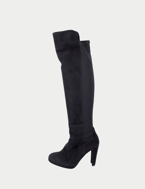 Black Stuart Weitzman over-the-knee stretch boots with high heel and rounded toe