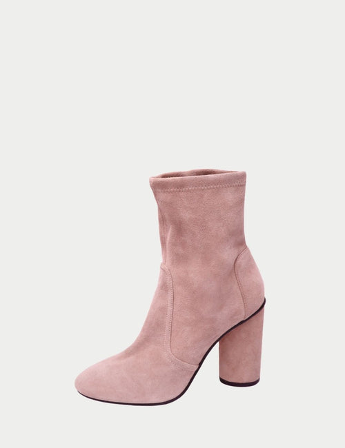Stuart Weitzman blush suede sock boots in nude pink with round toe and block heel