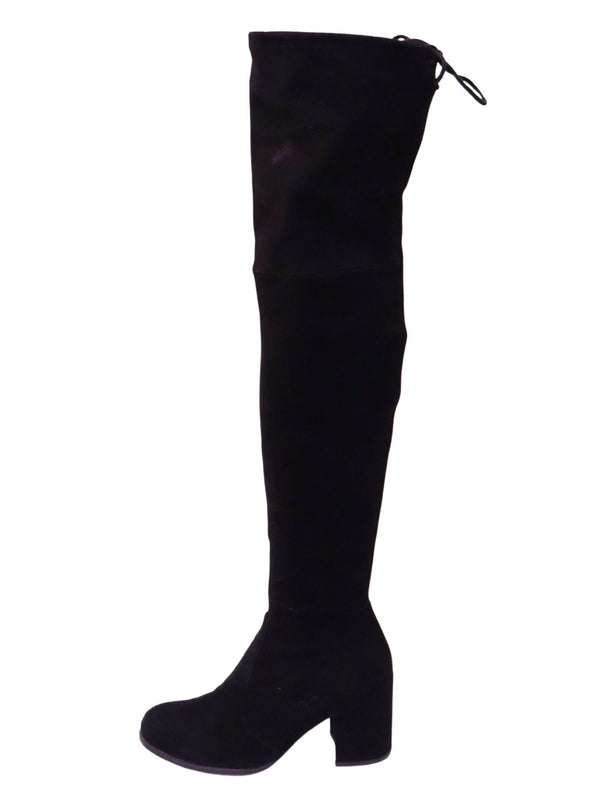 Stuart Weitzman black suede over-the-knee boots with block heel and tie detail