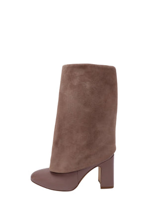 Stuart Weitzman taupe suede and leather mid-calf block heel boots
