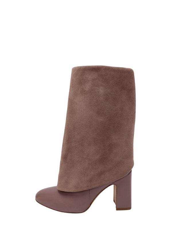 Stuart Weitzman taupe suede and leather mid-calf block heel boots
