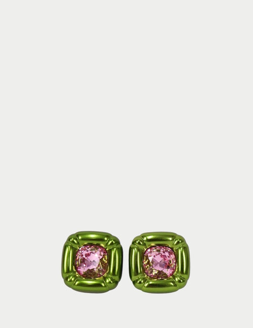 Swarovski metallic green cushion-style stud earrings with pink crystal centers