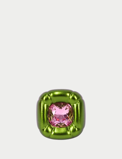 Swarovski metallic green cushion-style statement ring with large pink crystal centerpiece