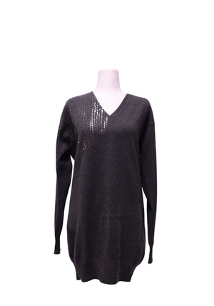Stella McCartney black longline V-neck knit sweater featuring asymmetric glossy black sequin embellishments across the shoulder, chest and lower front, long sleeves