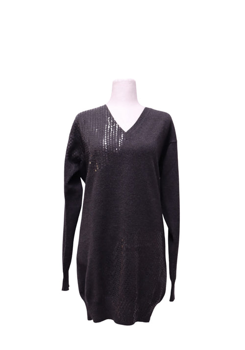 Stella McCartney black longline V-neck knit sweater featuring asymmetric glossy black sequin embellishments across the shoulder, chest and lower front, long sleeves