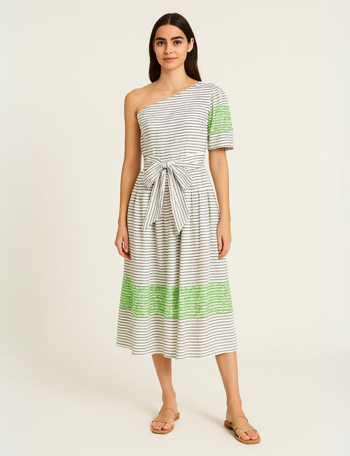 Front view of preowned Liu Jo one-shoulder striped midi dress with belt and green embroidery – Fashion House Jordan