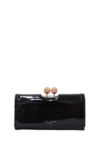 Ted Baker London black patent leather-look rectangular wallet featuring a glossy finish, rose gold-tone double bobble clasp and front logo
