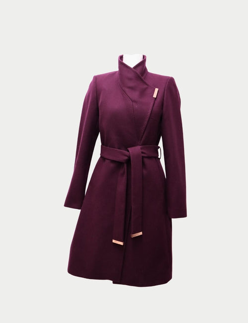 Ted Baker plum wool-blend wrap coat with belt and rose gold accents