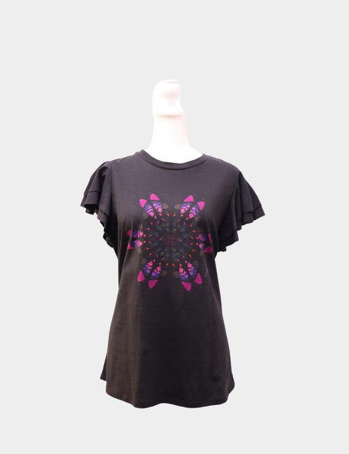 Ted Baker black t-shirt with multicolored geometric print on the front and layered ruffle sleeves, displayed on mannequin.