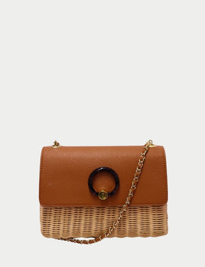 Ted Baker tan leather and woven raffia crossbody bag with gold chain