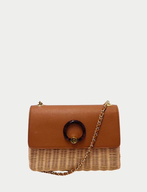 Ted Baker tan leather and woven raffia crossbody bag with gold chain