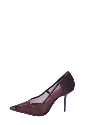 Ted Baker brown sheer mesh pointed toe pumps with slim stiletto heels.