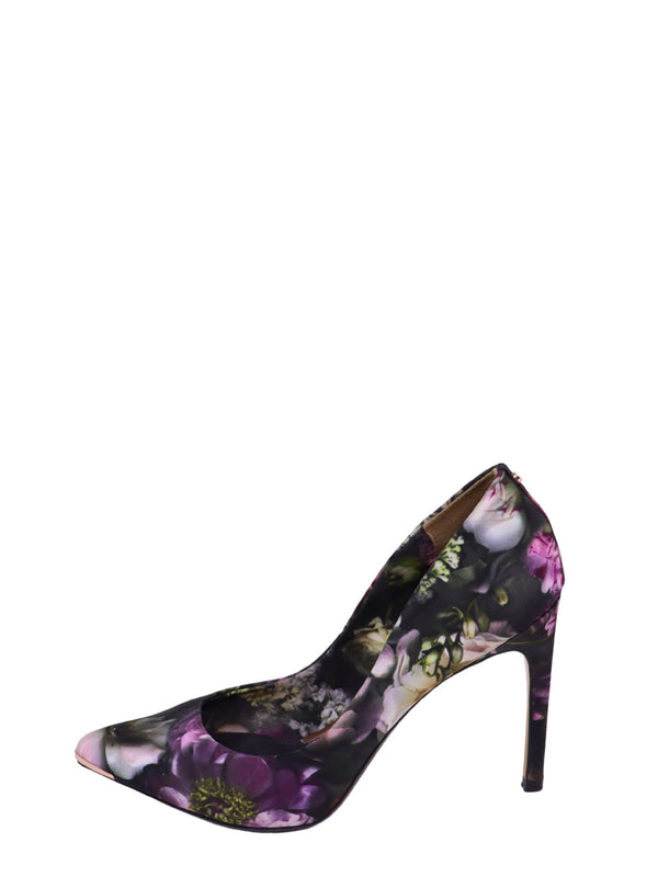 Ted Baker pointed-toe pumps featuring a dark floral print with purple and pink flowers and a high stiletto heel