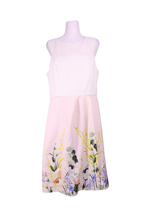 Ted Baker pink sleeveless fit and flare dress with white bodice and floral printed skirt