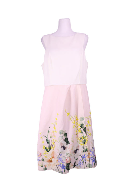 Ted Baker pink sleeveless fit and flare dress with white bodice and floral printed skirt