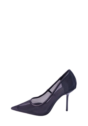 Ted Baker black sheer mesh pointed toe pumps with slim stiletto heels.