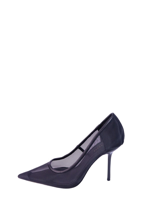 Ted Baker black sheer mesh pointed toe pumps with slim stiletto heels.