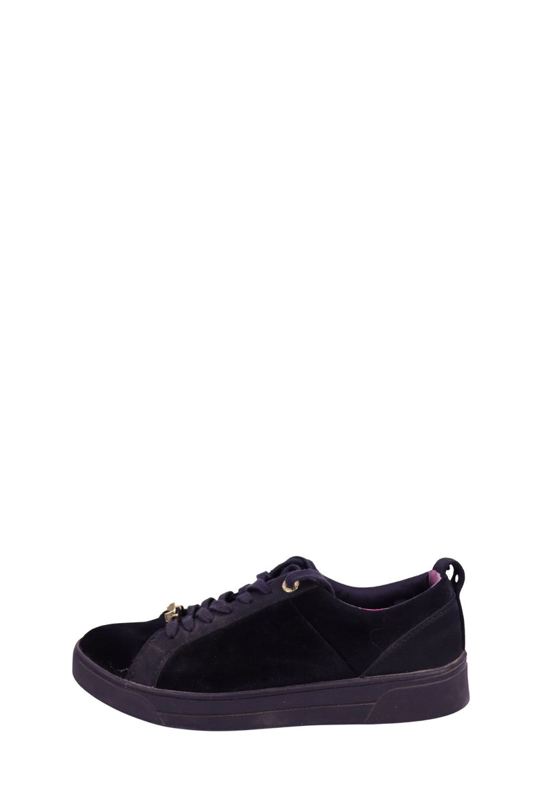 Ted Baker black suede low-top sneakers with lace-up design and subtle gold detail
