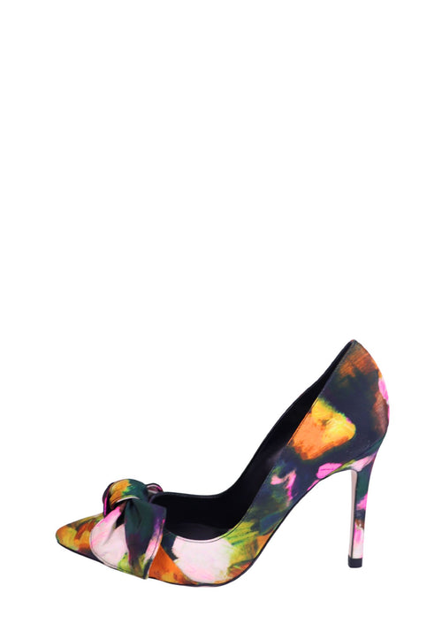 Ted Baker multicolor floral pointed-toe heels with oversized bow detail and slim stiletto heels in vibrant watercolor-inspired print