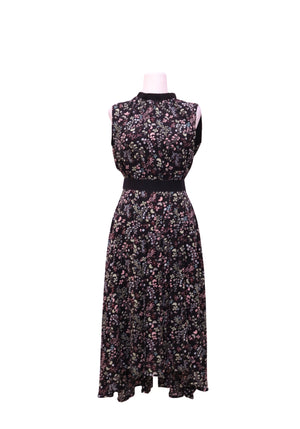 Authentic Ted Baker sleeveless black midi dress featuring a delicate pastel floral print, pleated skirt, fitted waist, and round neckline