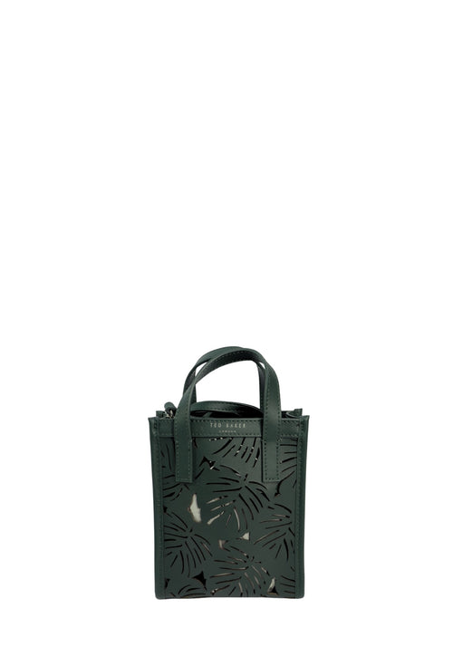 Ted Baker green mini tote bag with laser-cut tropical leaf pattern, dual top handles, detachable crossbody strap, and gold-tone logo