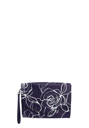 Ted Baker navy blue envelope wristlet clutch with white floral line-art print, detachable wrist strap, and embossed logo detail