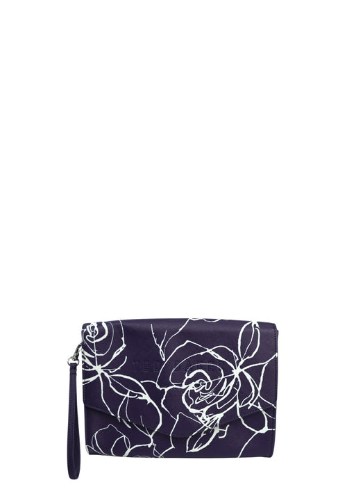 Ted Baker navy blue envelope wristlet clutch with white floral line-art print, detachable wrist strap, and embossed logo detail