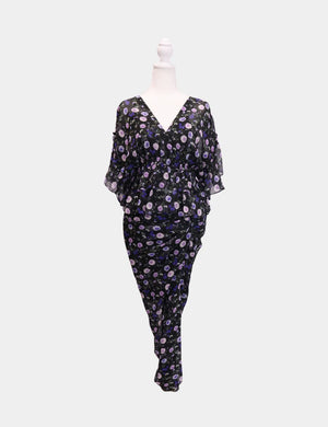 The Kooples black and purple floral two-piece set with V-neck blouse and ruched skirt

