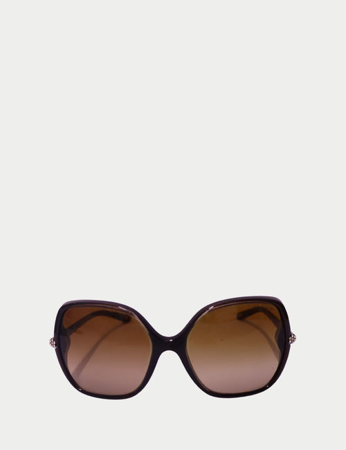 Tiffany & Co. oversized square sunglasses in dark brown with gradient lenses and crystal flower detail on the temples
