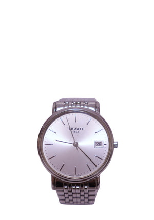 Tissot Swiss Made stainless steel bracelet watch with silver dial, baton hour markers and date window