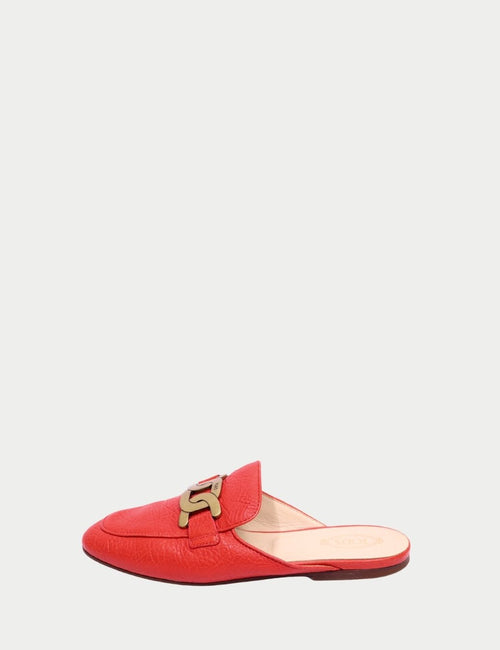 Red leather slip-on mule loafers by Tod’s featuring gold logo hardware and almond toe