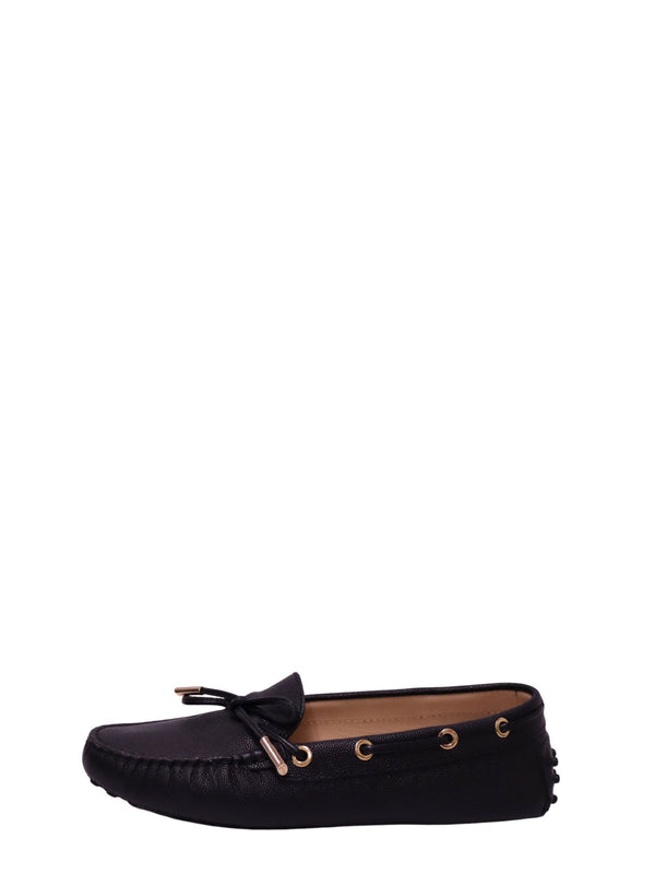 Tod’s black leather Gommino driving loafers with gold-tone eyelets and tie detail