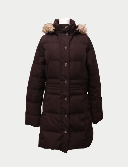 Tommy Hilfiger brown long puffer coat with faux-fur hood