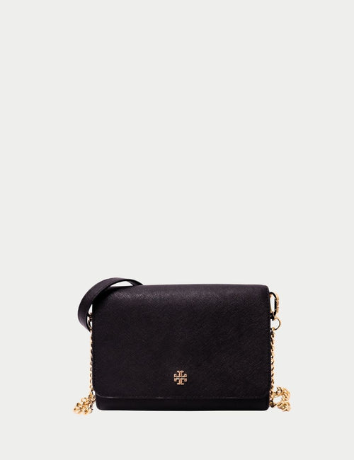 Tory Burch black saffiano leather crossbody bag with gold chain strap and flap closure