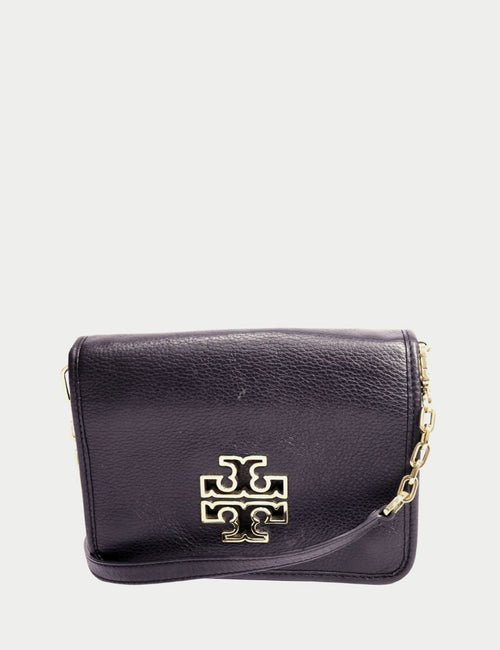 Tory Burch black pebbled leather crossbody bag with gold logo hardware and chain strap