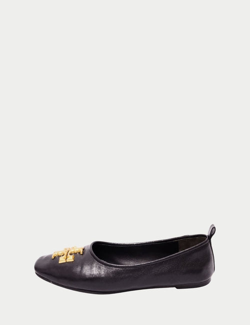 Tory Burch black leather ballet flats with gold double-T logo