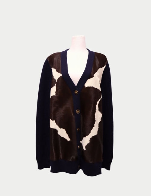 Tory Burch navy knit cardigan with brown and cream cowhide-style front panels and gold-tone buttons