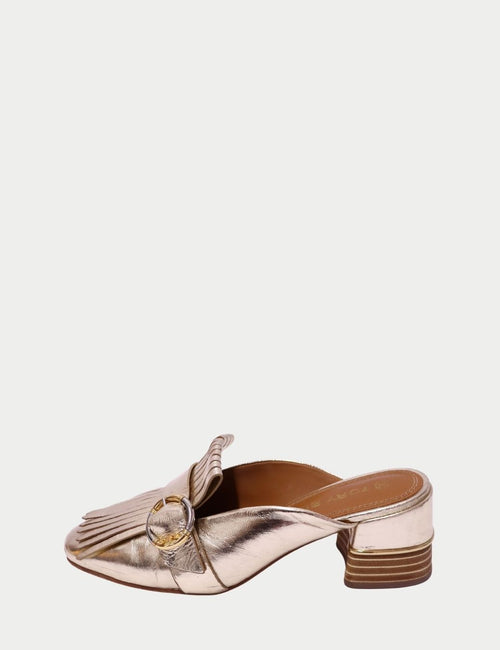 Tory Burch metallic gold fringed mule loafers with gold buckle and block heel
